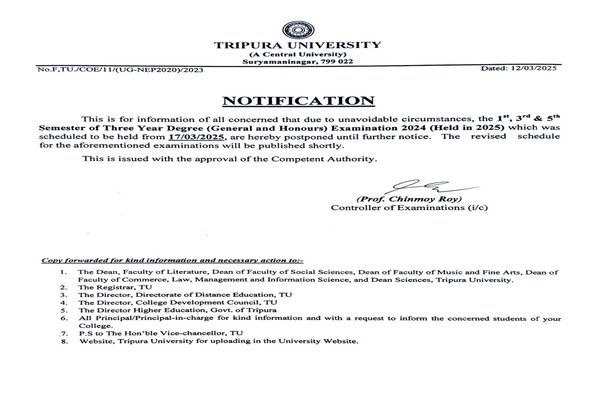 Tripura University revises Semester Exam routine after ABVP protest