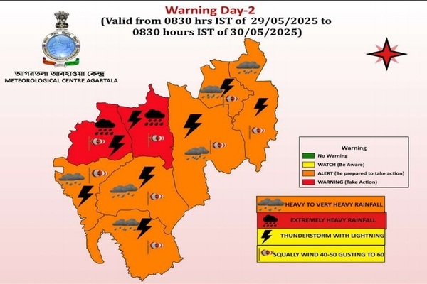 Tripura likely to receive intense rainfall, warning issued, admin put on alert