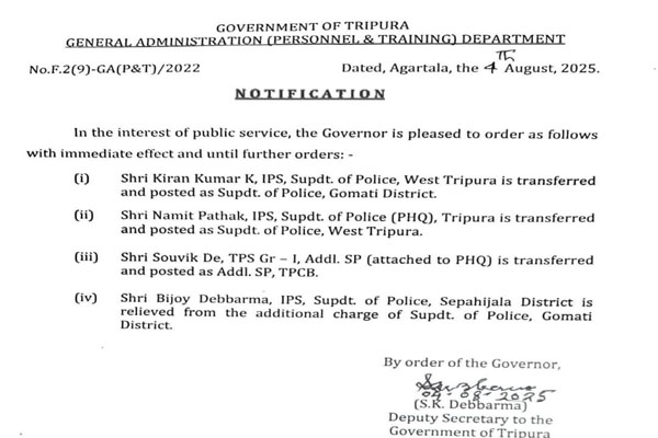 Tripura govt assigns Namit Pathak as new SP West