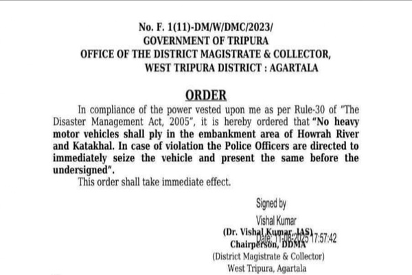 Admin restricts heavy vehicles on Howrah, Katakhal embankments in Agartala