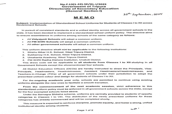 Standardized school uniform policy introduced in Tripura