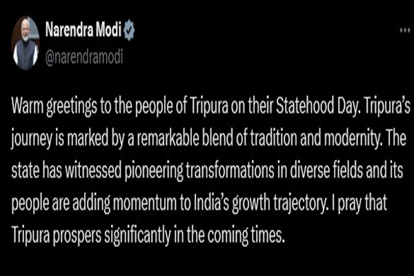 Prime Minister extends greetings to the people of Tripura on Statehood Day 