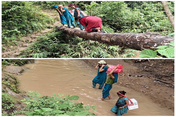 Across rivulet and rough path, Masli PHC workers d...