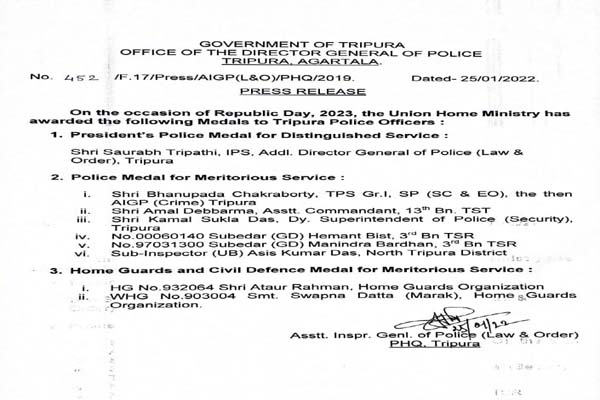 R-Day: 7 Policemen, 2 Home Guards from Tripura awarded