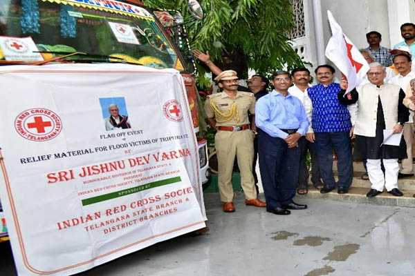 Telangana Guv Jishnu Dev Varma flags-off truck loaded with flood relief for Tripura